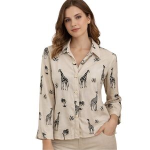 Vintage NYCC Beige Giraffe Print Button-Up Blouse Women’s XL